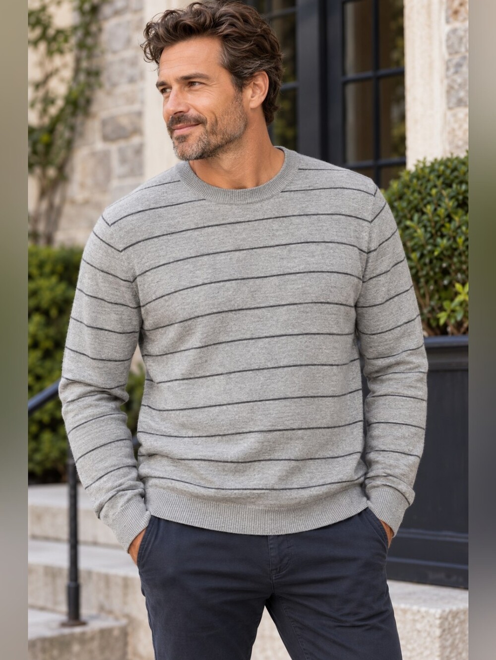 Cozy Precedent Men's XL Cashmere Wool Blend Striped Sweater Gray Quiet Luxury